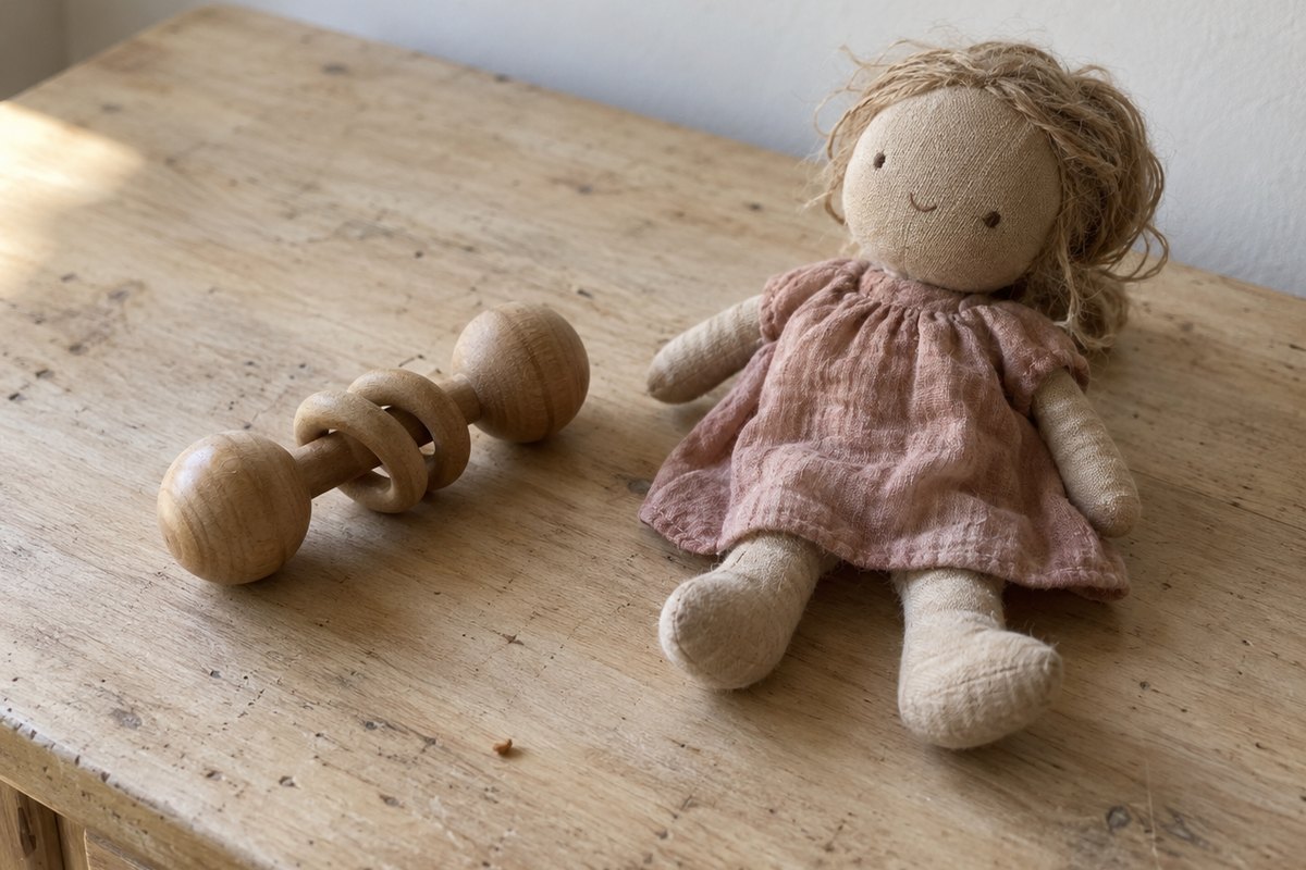 A wooden baby rattle and a soft cloth doll on a worn wooden table