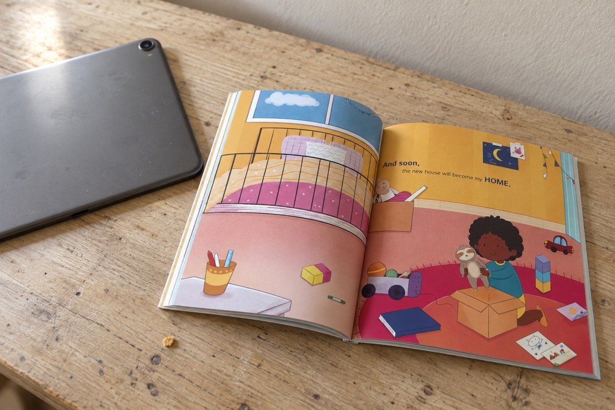 A tablet lying face down on a table beside an open picture book
