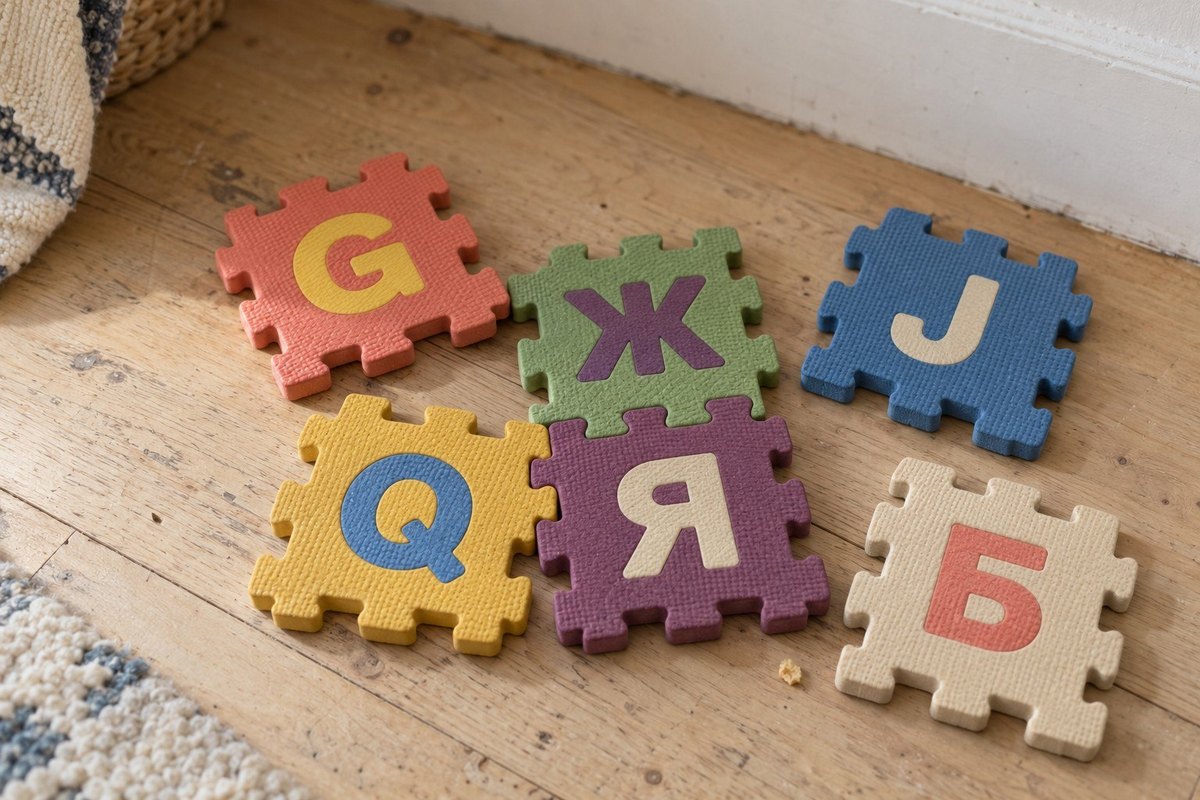 Foam alphabet puzzle tiles on a wooden floor, Latin and Cyrillic letters mixed together